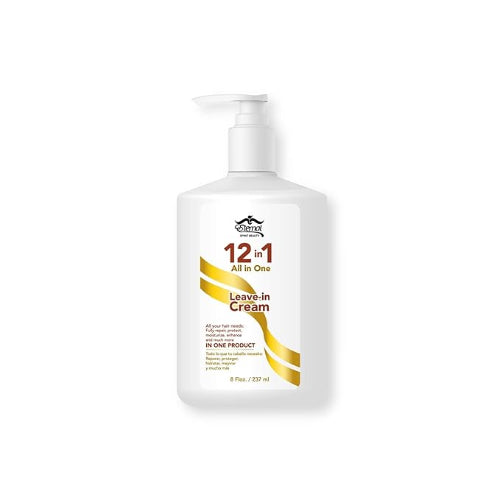 White bottle of 12-in-1 leave-in cream on a white background